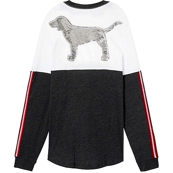 PINK VICTORIA'S SECRET LONG SLEEVE BLING DOG RHINESTONE SLEEVES CAMPUS TEE - Picture 7 of 7